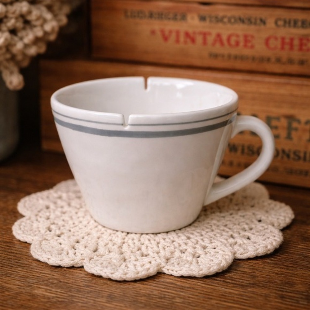 Mud Pie HOT tea cup with tea bag holder and gray stripe